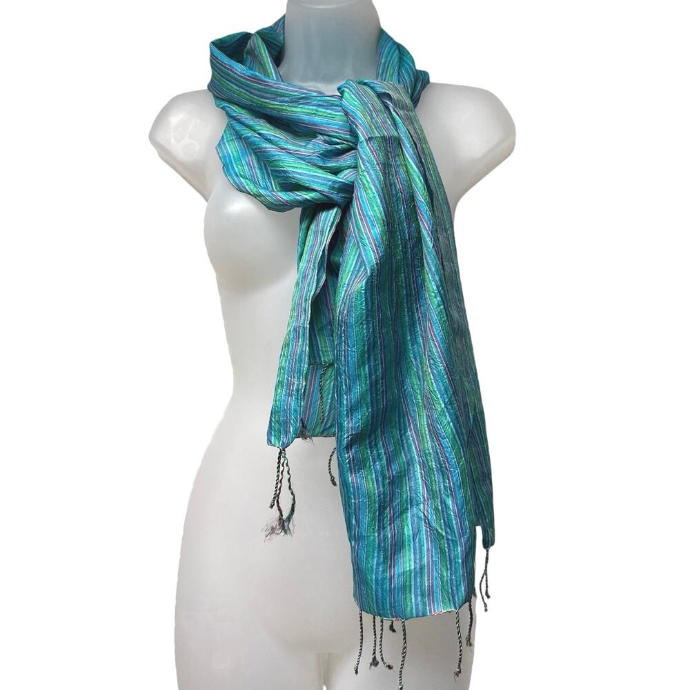 Green Gecko 100% Silk Scarf Shawl Wrap 63 x 19 Blue Green Stripe Fringe